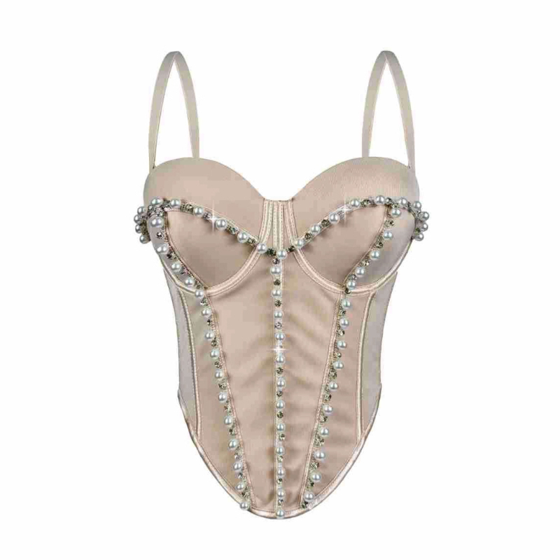 Slim-fit bustier od poliestera bez naramenica, s unutarnjom potporom od ribjih kostiju i perlama te kristalima
