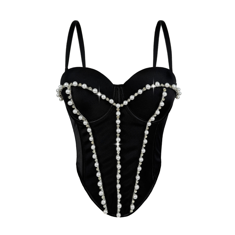 Slim-fit bustier od poliestera bez naramenica, s unutarnjom potporom od ribjih kostiju i perlama te kristalima