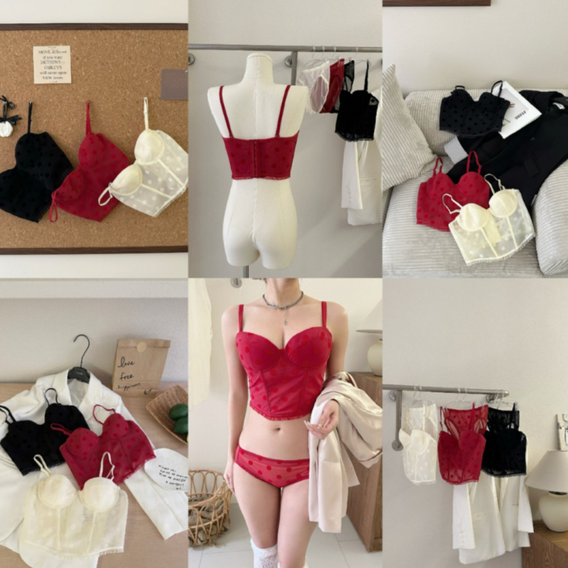 2775 Bralette od mrežaste mreže s točkicama, mekani čelični prsten, push-up, stil vest, koštane umetke, francuski kroj