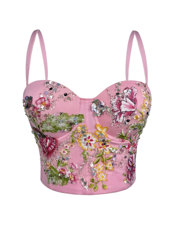 Top s tankim naramenicama, ručno izvezenim cvjetnim i perlicama, s kostnom podrškom (boning), retro stil, uski kroj, poliester 80–90%