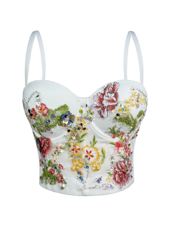 Top s tankim naramenicama, ručno izvezenim cvjetnim i perlicama, s kostnom podrškom (boning), retro stil, uski kroj, poliester 80–90%