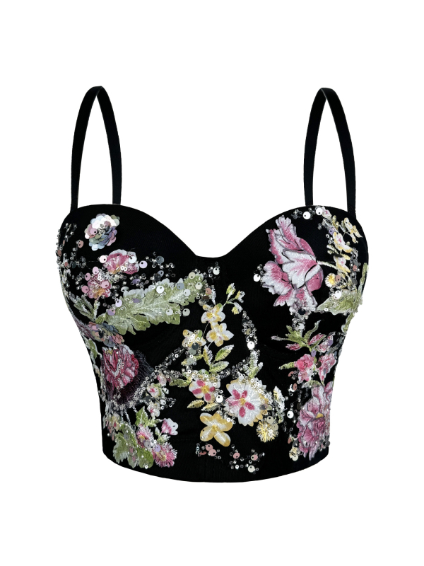 Top s tankim naramenicama, ručno izvezenim cvjetnim i perlicama, s kostnom podrškom (boning), retro stil, uski kroj, poliester 80–90%