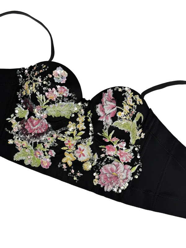 Top s tankim naramenicama, ručno izvezenim cvjetnim i perlicama, s kostnom podrškom (boning), retro stil, uski kroj, poliester 80–90%
