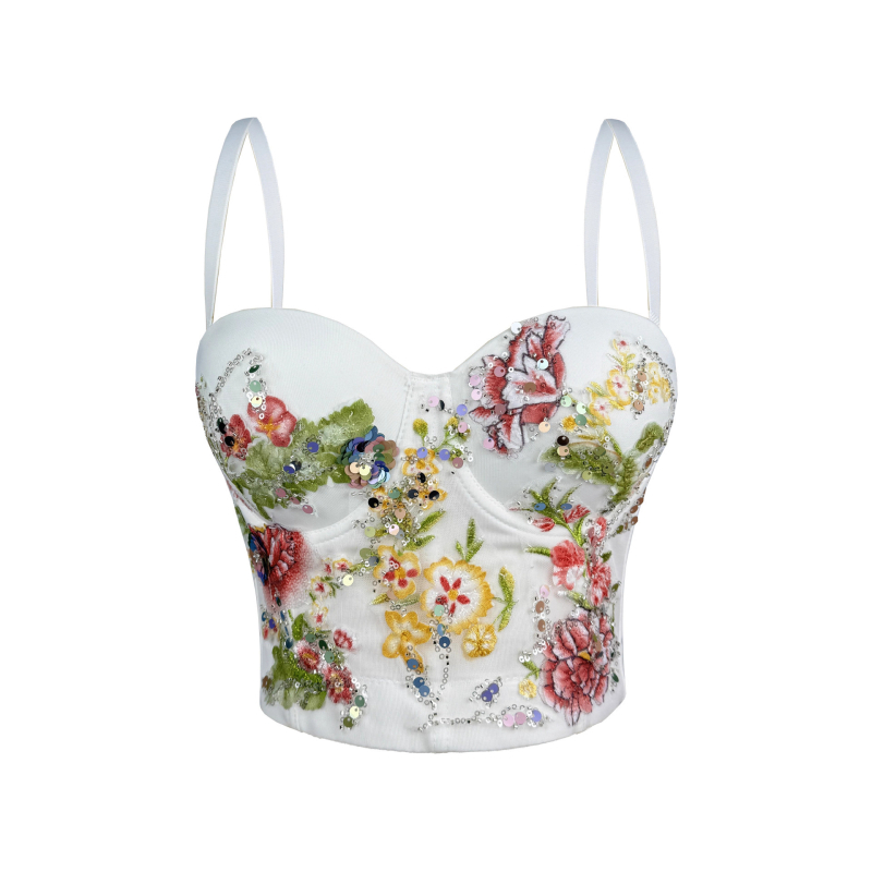 Top s tankim naramenicama, ručno izvezenim cvjetnim i perlicama, s kostnom podrškom (boning), retro stil, uski kroj, poliester 80–90%