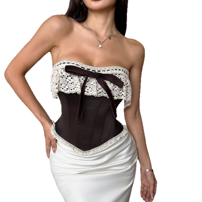 Bezrameni top s čipkom i stražnjim vezivanjem za oblikovanje struka, retro vintage stil, poliester s elastanom, ultra kratka duljina (≤40 cm), 11910
