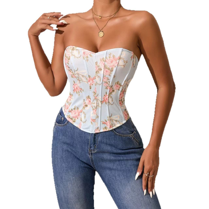 Korzetni tube top, poliester, ultratanke šalice, minimiziranje grudi, podesivo, bočno skupljanje