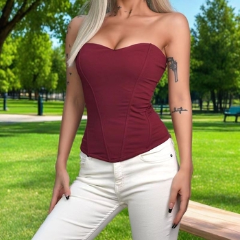 Корсет топ с подплънки за бюст, без презрамки, рибена кост, полиестер, триъгълна чашка, средна форма