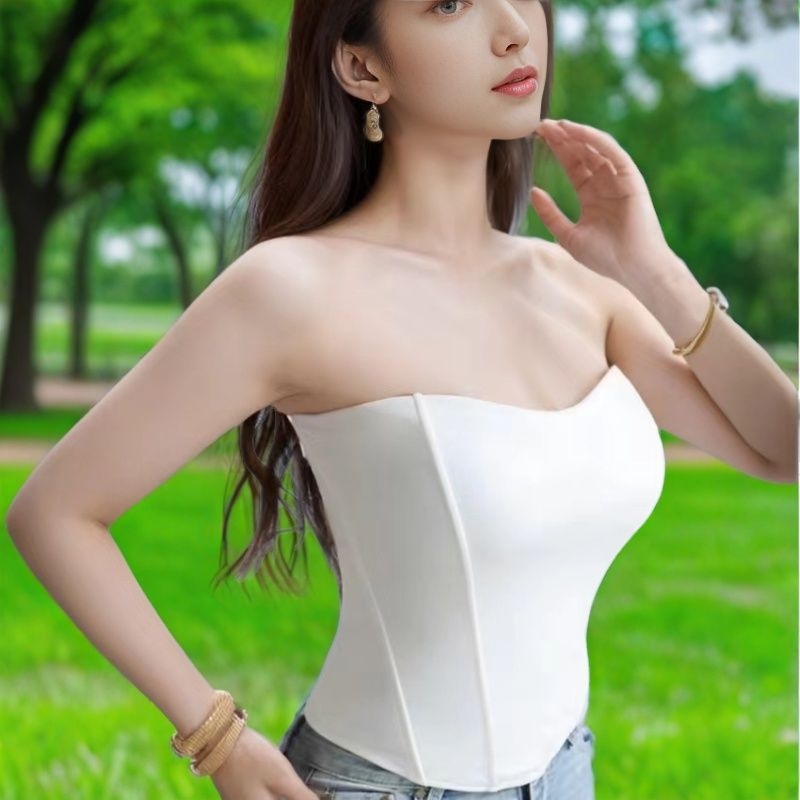 Корсет топ с подплънки за бюст, без презрамки, рибена кост, полиестер, триъгълна чашка, средна форма