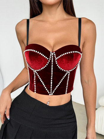 Camisolă din catifea cu model 3D, croială Slim, lungime ultra-scurtă, material poliester