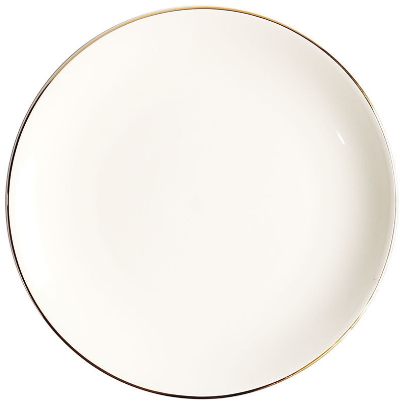Porcelinasti kružni plitki tanjur za posluživanje sa zlatnim obrubom; jednofarban dizajn; mikrovalna sigurna; mogućnost ispisa logotipa.
