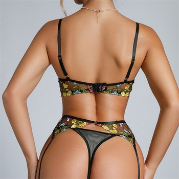 Set din dantelă brodat cu sutien, tanga și curea pentru ciorapi — cu inel metalic, cupa 3/4, cupe modele ultra-subțiri, broderie Jacquard