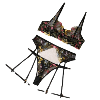 Set din dantelă brodat cu sutien, tanga și curea pentru ciorapi — cu inel metalic, cupa 3/4, cupe modele ultra-subțiri, broderie Jacquard