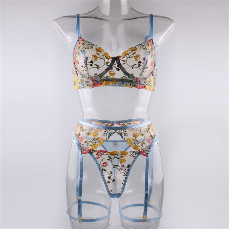 Set din dantelă brodat cu sutien, tanga și curea pentru ciorapi — cu inel metalic, cupa 3/4, cupe modele ultra-subțiri, broderie Jacquard