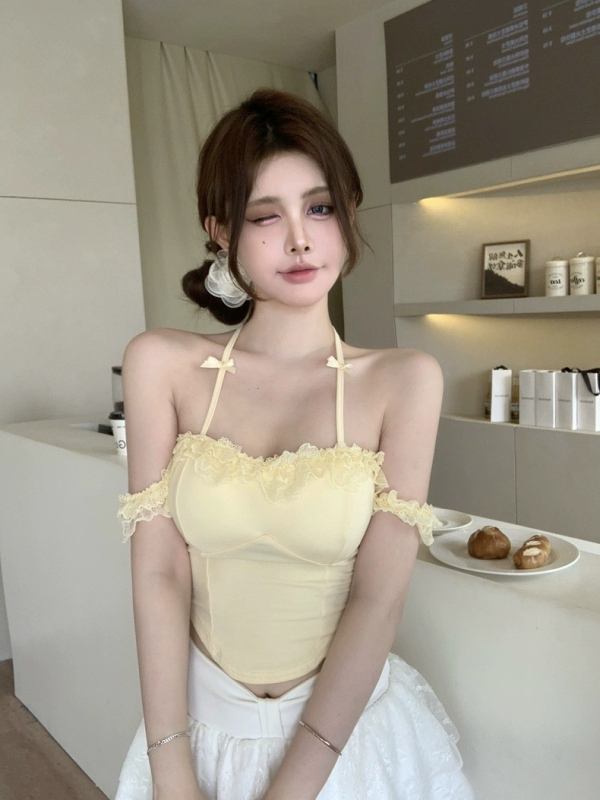 Top camisole din bumbac, dantelă, gât halter, lungime scurtă, croială slim, detaliu funda