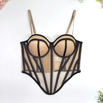 Sutien cami din plasă cu model în dungi, talie subțire, croială slim, lungime scurtă, efect 3D, micro-elastic