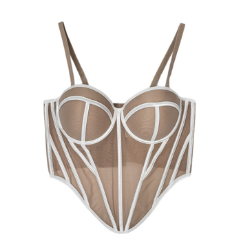 Sutien cami din plasă cu model în dungi, talie subțire, croială slim, lungime scurtă, efect 3D, micro-elastic