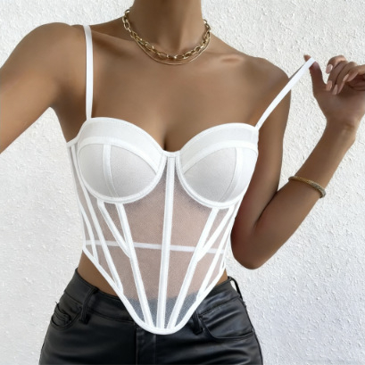 Sutien cami din plasă cu model în dungi, talie subțire, croială slim, lungime scurtă, efect 3D, micro-elastic