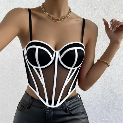 Sutien cami din plasă cu model în dungi, talie subțire, croială slim, lungime scurtă, efect 3D, micro-elastic