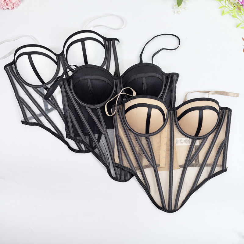 Sutien cami din plasă cu model în dungi, talie subțire, croială slim, lungime scurtă, efect 3D, micro-elastic