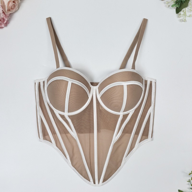 Sutien cami din plasă cu model în dungi, talie subțire, croială slim, lungime scurtă, efect 3D, micro-elastic