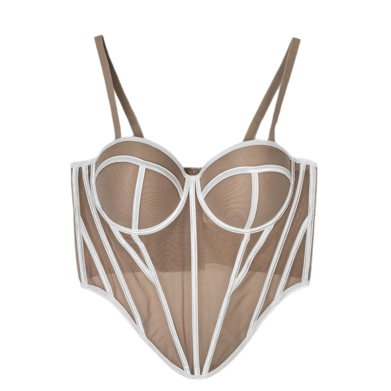 Sutien cami din plasă cu model în dungi, talie subțire, croială slim, lungime scurtă, efect 3D, micro-elastic