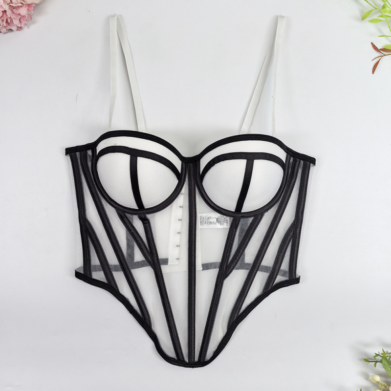 Sutien cami din plasă cu model în dungi, talie subțire, croială slim, lungime scurtă, efect 3D, micro-elastic