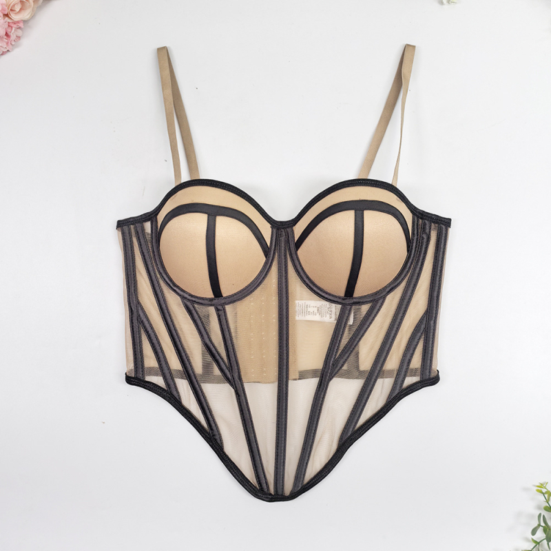 Sutien cami din plasă cu model în dungi, talie subțire, croială slim, lungime scurtă, efect 3D, micro-elastic