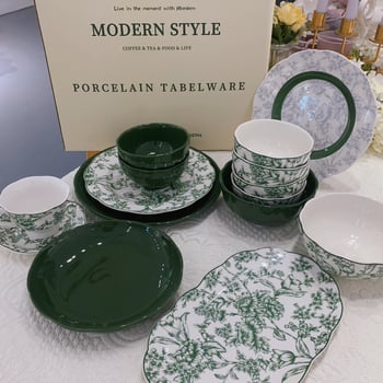 Porcelán étkészlet virágmintás — Rainforest sorozat, kerek forma, modern minimalista stílus