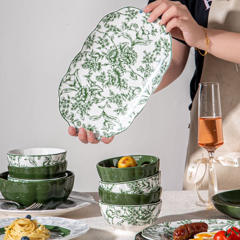 Porcelán étkészlet virágmintás — Rainforest sorozat, kerek forma, modern minimalista stílus