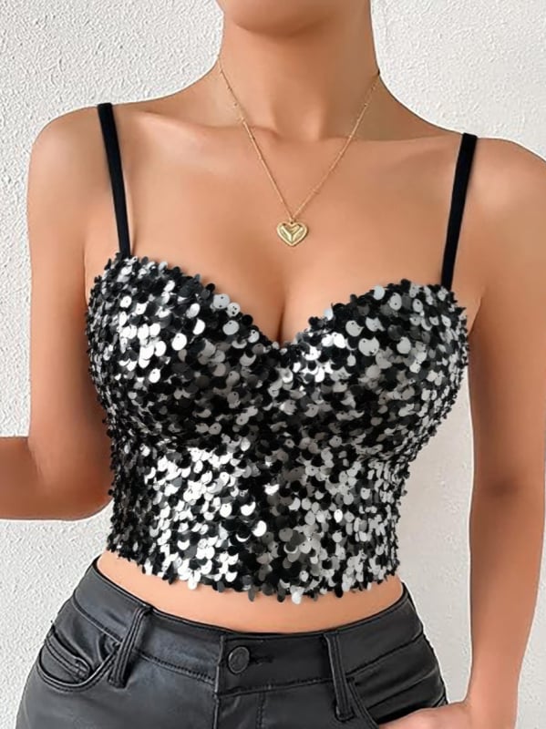 Camisole top sa šljokicama, uski kroj, ultra kratka duljina ≤40 cm, poliester 80–90%, odvojive naramenice