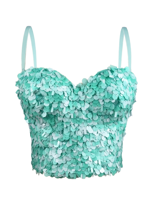Camisole top sa šljokicama, uski kroj, ultra kratka duljina ≤40 cm, poliester 80–90%, odvojive naramenice