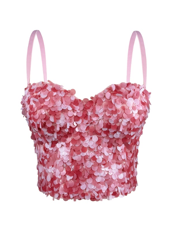 Camisole top sa šljokicama, uski kroj, ultra kratka duljina ≤40 cm, poliester 80–90%, odvojive naramenice
