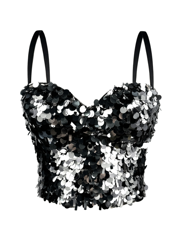 Camisole top sa šljokicama, uski kroj, ultra kratka duljina ≤40 cm, poliester 80–90%, odvojive naramenice