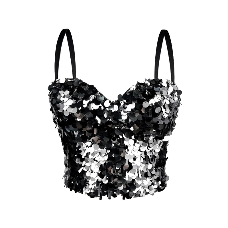 Camisole top sa šljokicama, uski kroj, ultra kratka duljina ≤40 cm, poliester 80–90%, odvojive naramenice