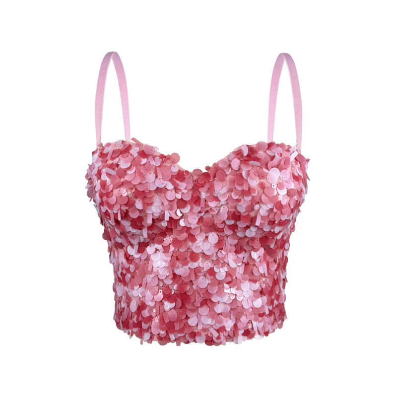 Camisole top sa šljokicama, uski kroj, ultra kratka duljina ≤40 cm, poliester 80–90%, odvojive naramenice