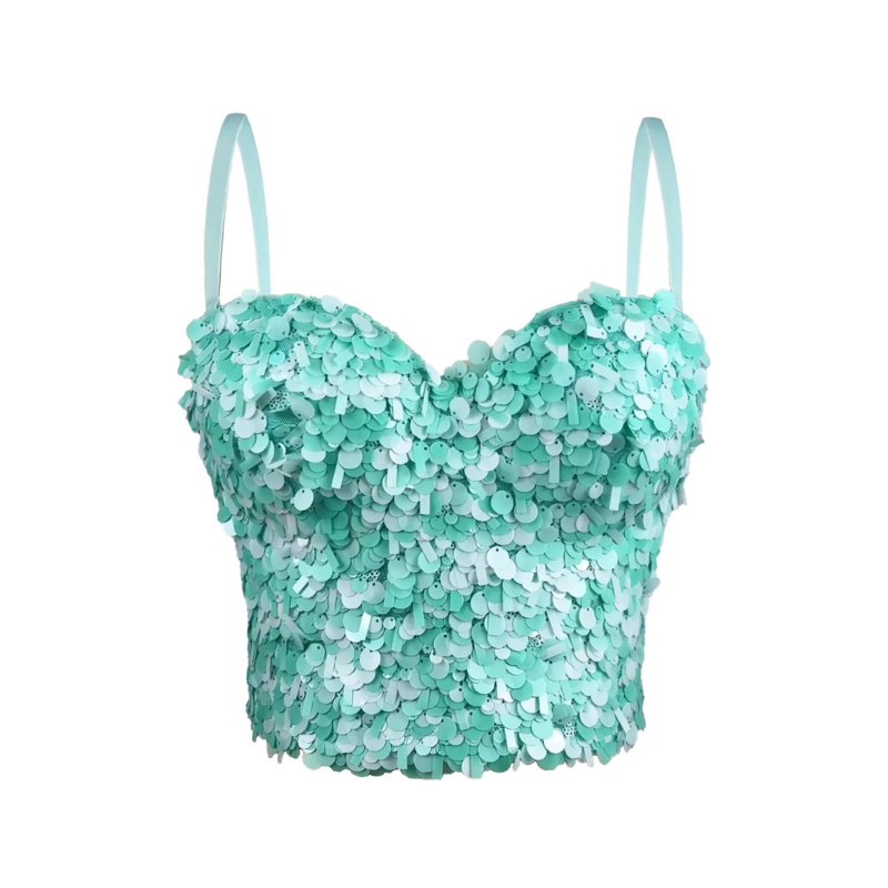 Camisole top sa šljokicama, uski kroj, ultra kratka duljina ≤40 cm, poliester 80–90%, odvojive naramenice