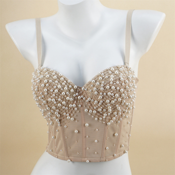 Mrežni bustier s perlicama na leđima, ženski grudnjak s odvojivim dvostrukim naramenicama, košarice 3/4 s pjenastim uloškom, tkanina 80-90% poliester