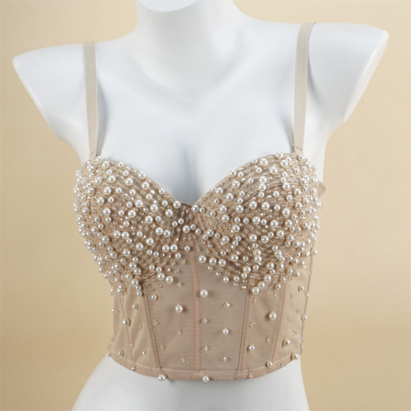 Mrežni bustier s perlicama na leđima, ženski grudnjak s odvojivim dvostrukim naramenicama, košarice 3/4 s pjenastim uloškom, tkanina 80-90% poliester