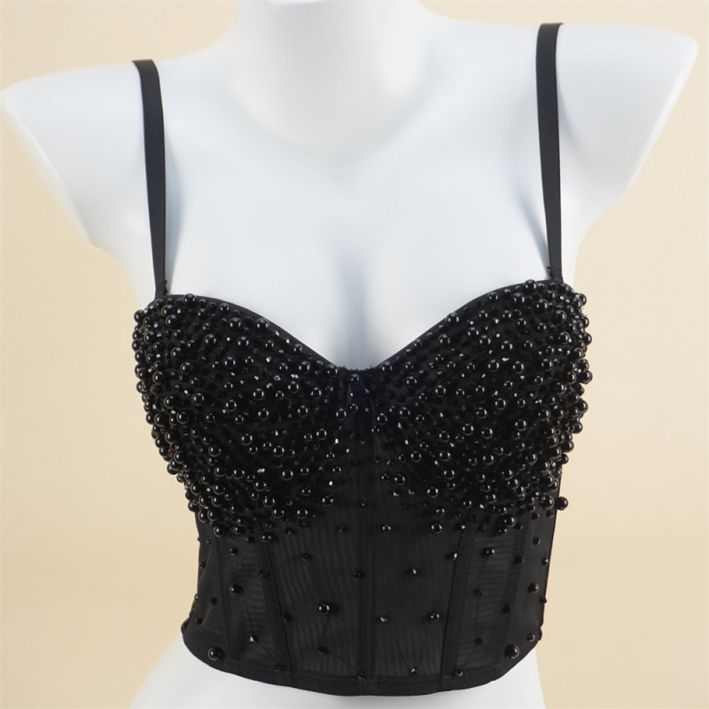 Mrežni bustier s perlicama na leđima, ženski grudnjak s odvojivim dvostrukim naramenicama, košarice 3/4 s pjenastim uloškom, tkanina 80-90% poliester