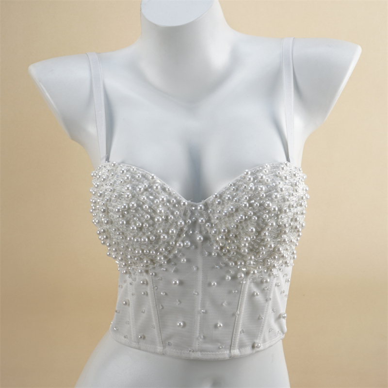 Mrežni bustier s perlicama na leđima, ženski grudnjak s odvojivim dvostrukim naramenicama, košarice 3/4 s pjenastim uloškom, tkanina 80-90% poliester