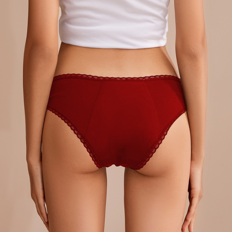 Ženske menstrualne gaćice, prozračni najlon, zaštita od bočnog curenja, srednje visoki struk (88% najlon, podstava prepona 80% pamuk)