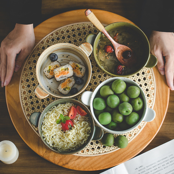 Jaapani stiilis keraamiline supika kahe käepidemega, ümmargune, värvilise glasuuriga, mikrolaineahjus sobiv