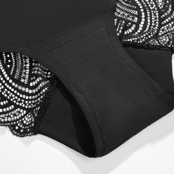 Női csipkés időszakos fehérnemű, középmagas derekú, négy rétegű szivárgásmentes kialakítás, fő anyag 90% nylon, ágyéknál 100% pamut, jacquard szövés