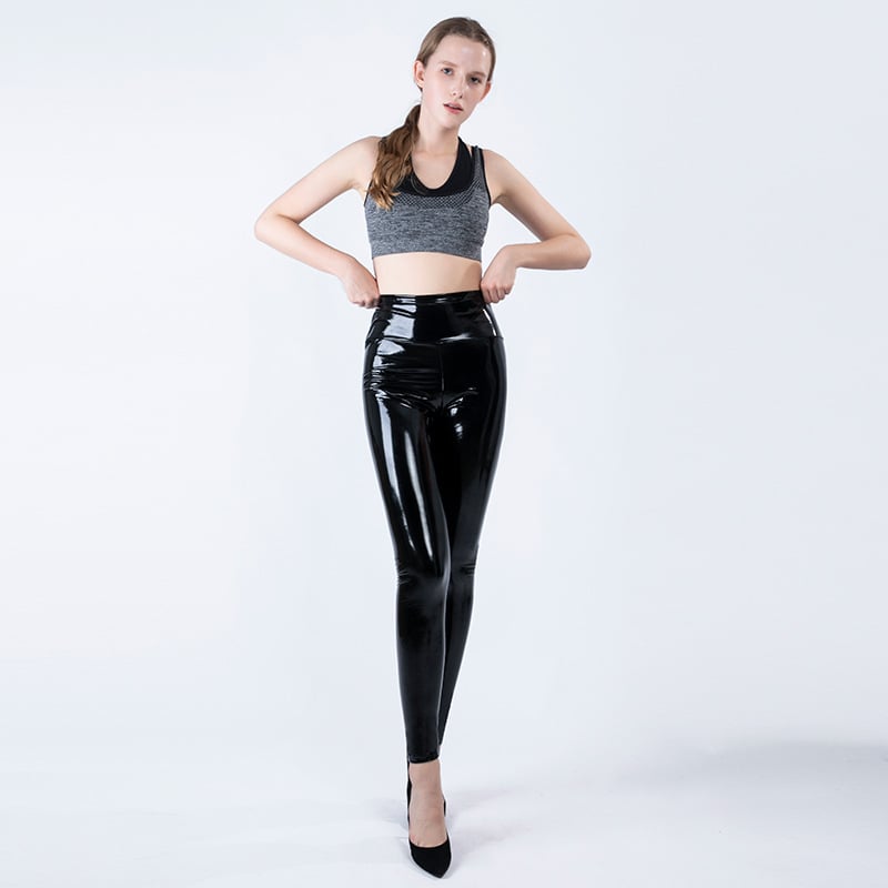 Leggings PU με λακαρισμένη επιφάνεια, στενή εφαρμογή, μονόχρωμο σχέδιο, επένδυση από μεταξωτό γάλα
