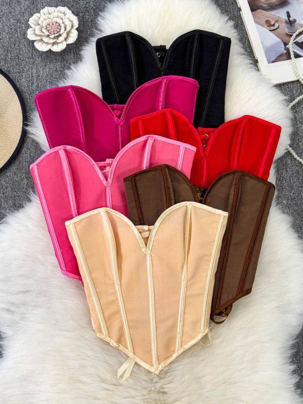 Ženski top tipa cijev bez ramena, bez leđa, od denima, s ribljom kostom i krojem za vitkost, visokim strukom