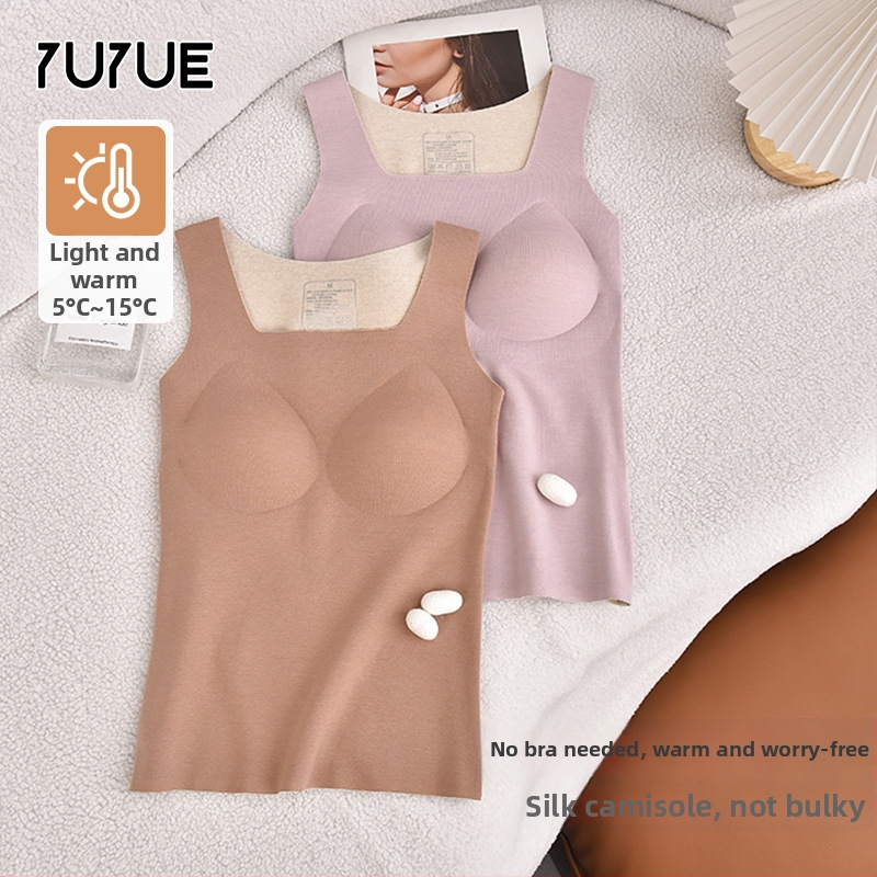 Varrásmentes termikus mellény dupla réteg Mulberry selyemből, pulóver-stílusú, négyszögletes nyakú, meleg és külső viselésre alkalmas