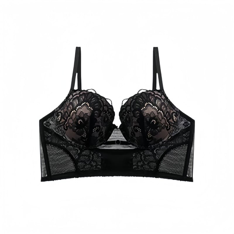 Сутиен сет с френски стил и дантела, 3/4 чашка, тънки формовани чашки, найлонова материя, задна закопчалка с три реда куки, фиксирани презрамки