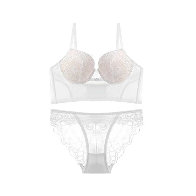 Сутиен сет с френски стил и дантела, 3/4 чашка, тънки формовани чашки, найлонова материя, задна закопчалка с три реда куки, фиксирани презрамки