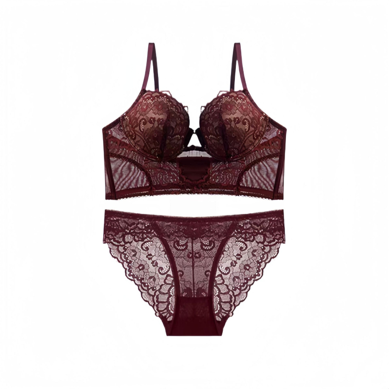 Сутиен сет с френски стил и дантела, 3/4 чашка, тънки формовани чашки, найлонова материя, задна закопчалка с три реда куки, фиксирани презрамки