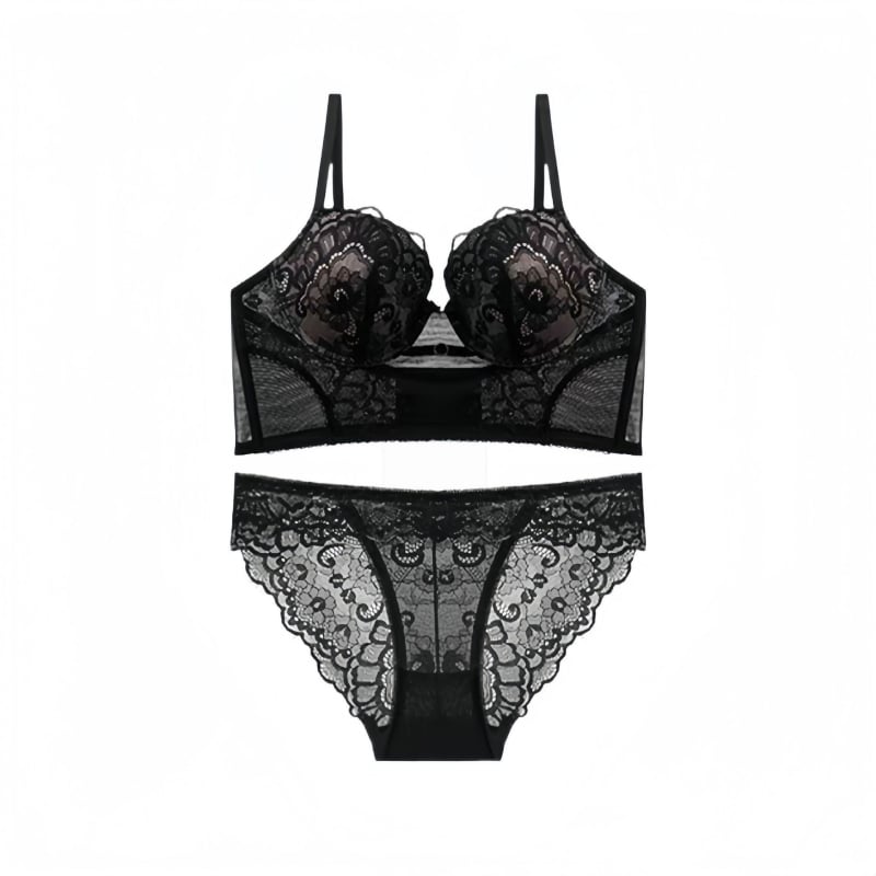 Сутиен сет с френски стил и дантела, 3/4 чашка, тънки формовани чашки, найлонова материя, задна закопчалка с три реда куки, фиксирани презрамки